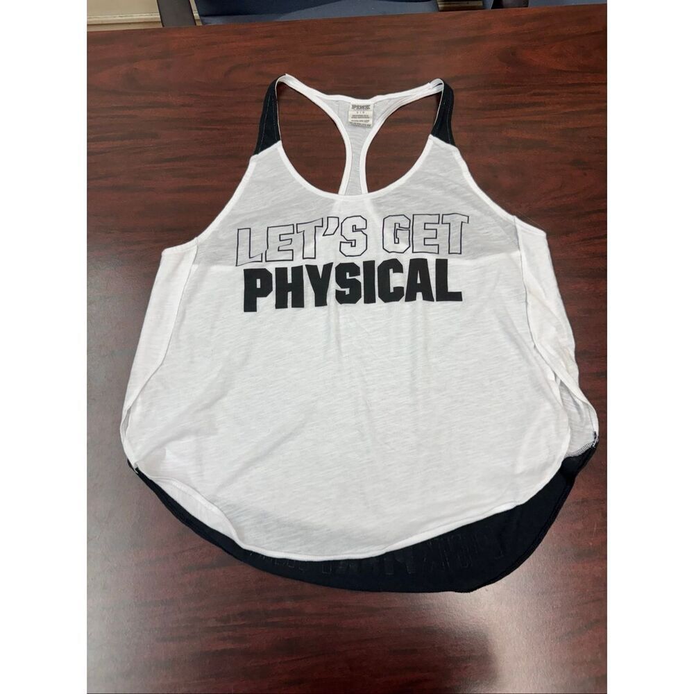 PINK Victoria’s Secret “Let’s Get Physical” White & Black Racerback Tank Top- LG